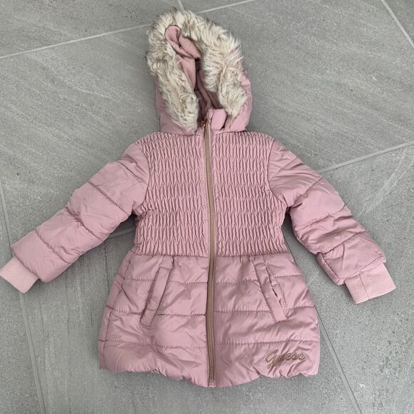 Girls Guess Pink Puffer Jacket with Faux Fur Hood Size S (4) - Picture 1 of 5